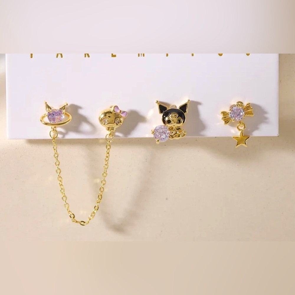 14K Gold Sanrio Kuromi Character Theme Stud Mismatched Earrings Set